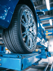 Fototapeta premium High-performance car wheel with shiny alloy rim on a hydraulic lift in a modern automotive workshop under bright lighting and industrial setting