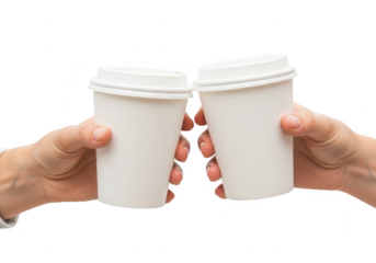 Two hands toasting with coffee cups isolated on transparent background