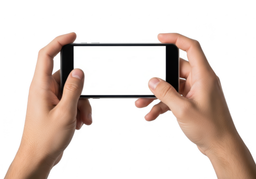 Hands holding a smartphone horizontally isolated on transparent background - Powered by Adobe