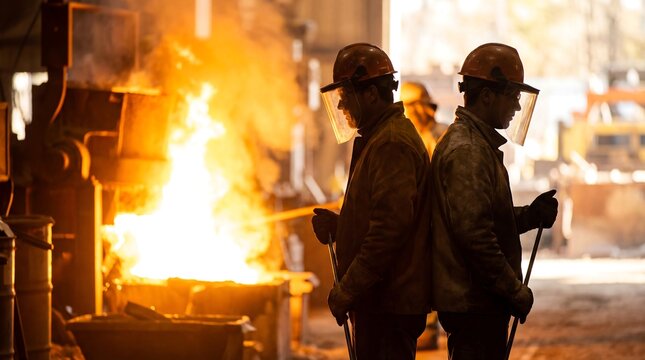 Two workers in protective gear observing molten metal pouring in an industrial foundry setting during manufacturing process