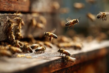 Bees flying around a wooden hive during daytime in a garden setting with flowers nearby