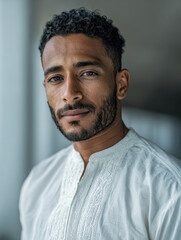 Obraz premium Portrait of a thoughtful man with curly hair and beard wearing a traditional white embroidered shirt standing near a window in soft natural light