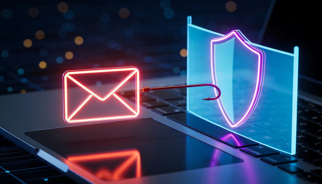 Neon email envelope caught by fishing hook near digital shield on laptop concept for phishing attack prevention spam protection cybersecurity awareness and secure messaging
