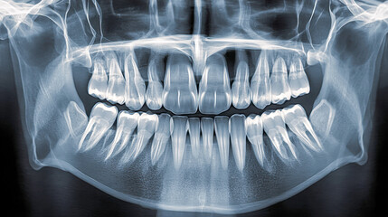 Detailed panoramic dental radiograph showing full upper and lower teeth structure including roots and jawbone for comprehensive oral health assessment