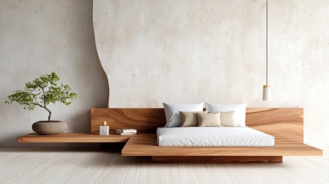 Architectural bedroom design, built in low wooden platform bed extending into a side table, smooth microcement walls, minimalist pendant light