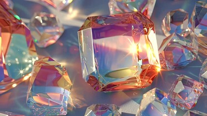 Colorful rainbow gemstones slowly rotate, refracting light into brilliant caustic patterns and sparkling with luxurious shimmer against a soft, elegant background - Powered by Adobe