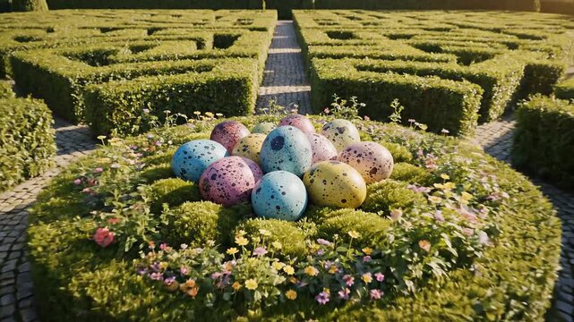 A Garden Maze Revealing Easter Eggs in Full Sunlight, Celebrating Springtime and Festivities