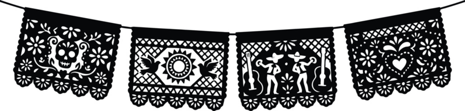 Traditional Mexican papel picado hanging banner silhouette set with sugar skull mariachi musicians and floral heart cutout patterns for Dia de Muertos holiday party event decoration.