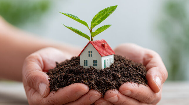 Hands gently holding soil with a miniature house and green plant sprouting to symbolize sustainable growth and eco-friendly living concepts in real estate development - Powered by Adobe