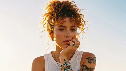 Authentic Beauty: Captivating Portrait of Young Woman with Curly Hair and Tattoos in Warm Golden Hour Sunlight