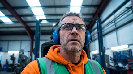 Experienced factory worker wearing safety gear and high visibility clothing in an industrial manufacturing environment