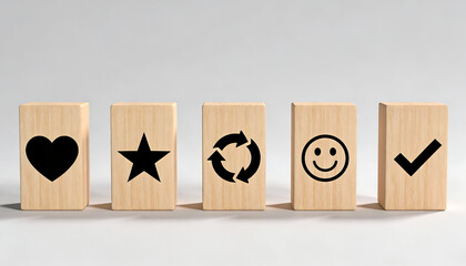 Five wooden blocks with heart star refresh smile and check icons on gray background concept for customer feedback rating satisfaction reviews loyalty and user experience
