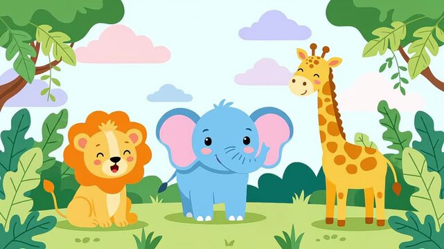Cute Cartoon Jungle Animals Lion Elephant Giraffe Safari Illustration
