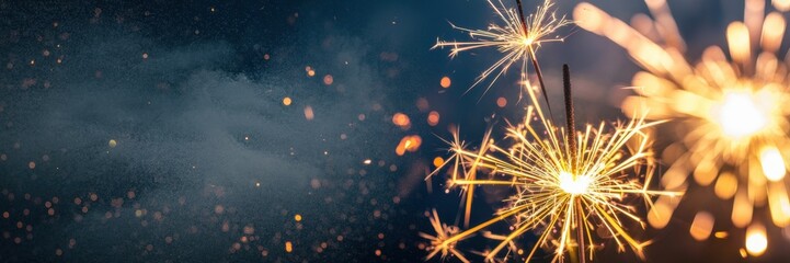 Burning sparklers on a dark background with blurred luminous spots (sideways). A banner with space for the text.