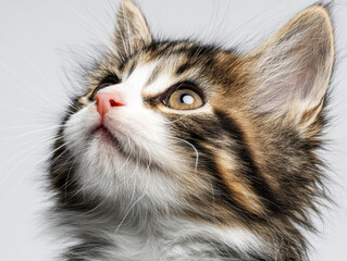 Close-up portrait of a curious brown and white fluffy kitten looking upward with reflective eyes against a light gray background in a studio setting