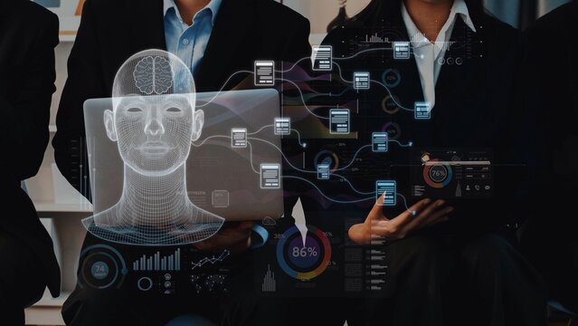 A group of business professionals interacts with digital technology, featuring advanced data visualization graphics that represent innovative analytics and future strategies. Raster - Powered by Adobe