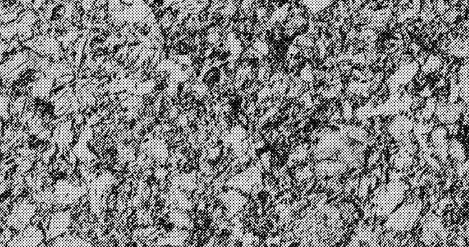 Abstract black and white halftone pattern with dense dotted raster and distressed grunge noise. Vintage newspaper, comic print style texture background, ideal for overlays, posters, and retro design.