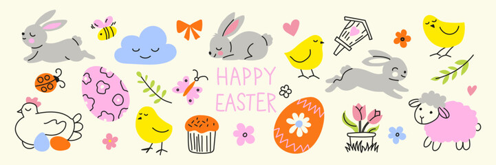 Cute Easter and spring vector set with bunnies, chicks and decorated eggs. Perfect for greeting cards, stickers, prints, kids designs and seasonal holiday projects. © Loya.art