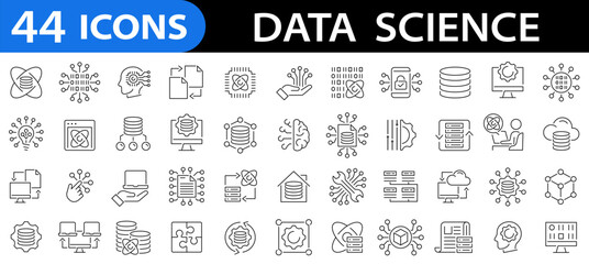 Data science 44 icon set. Network innovation. Machine learning. AI brain. Editable stroke. Vector illustration