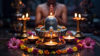 Maha Shivratri. The festival is dedicated to the god Shiva. Ablution of the Shiva lingam with milk, honey and water, as well as offering of bilva leaves. A photo with a place for the text.