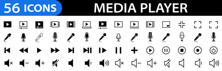 Media player icons set. Volume Collection of multimedia symbols. Audio, music speaker volume, interface, design media player buttons. Play, pause, stop. Vector illustration © vectorsanta