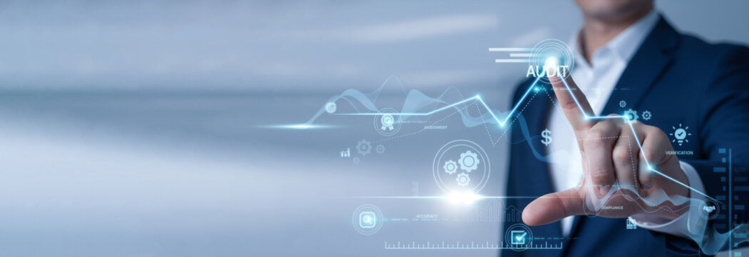Financial expert pointing at data network and Audit on digital interface. Digital compliance verification, automated reporting, internal controls, and corporate risk assessment monitoring.
