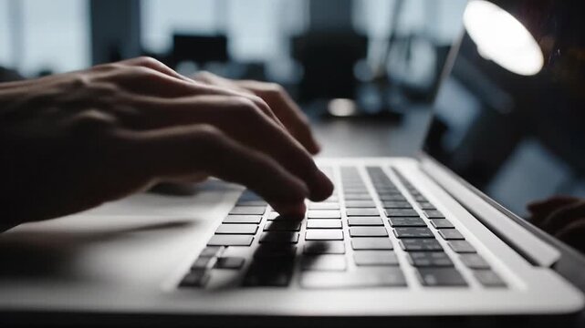 A Person Typing Swiftly on a Laptop Illuminated by Light in a Modern Office Setting