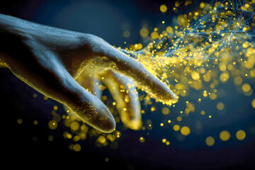 Human hand interacting with glowing golden particles and digital network connections representing futuristic technology and data transfer concepts in dark space