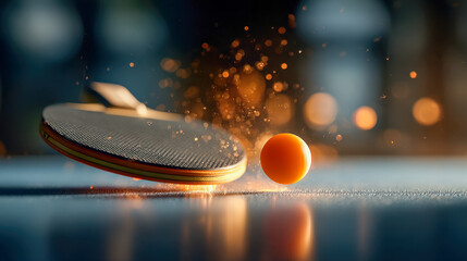 Dynamic action shot of a table tennis paddle hitting an orange ball with sparks and motion blur creating an energetic sports atmosphere in a dark background setting