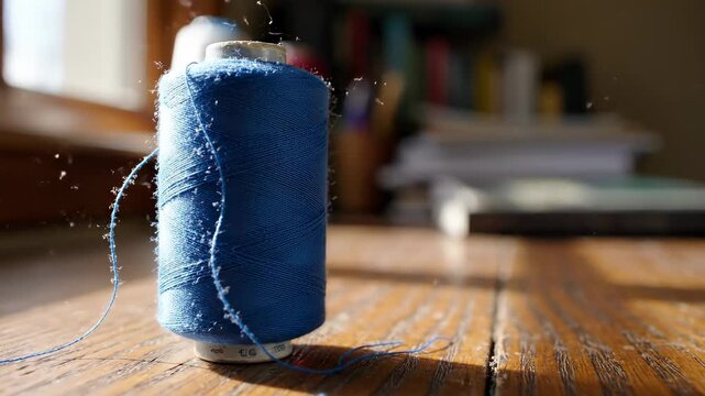 Blue thread spool unravels on wooden table in bright room with sunlight filtering through window. Concept of crafts, sewing, embroidery shops