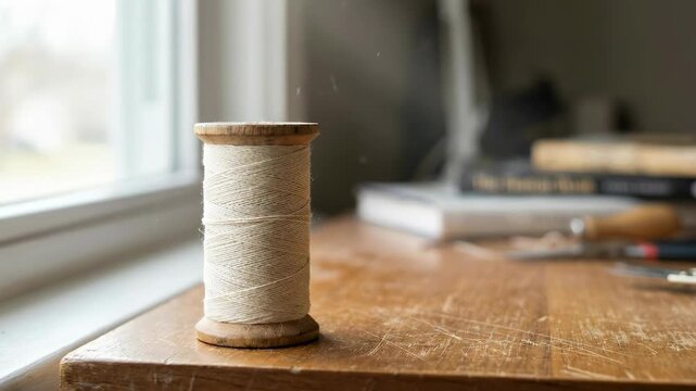 Spool of thread stands on wooden table with soft light reflecting through window. Warm setting with organized books and tools around. Concept of crafting, sewing supplies, home decor