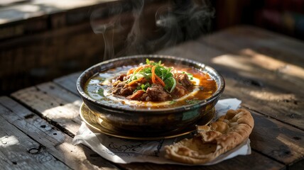 The national dish of Yemen. Saltakh is a hearty, flavorful stew or thick soup, which is traditionally served boiling in a hot stone bowl.