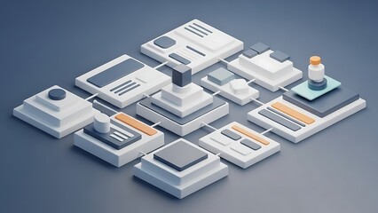 3 D Rendered White and Orange Abstract Technology Blocks Connected by Lines