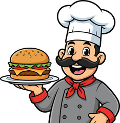 Smiling cartoon chef proudly presenting a delicious classic cheeseburger on a white plate