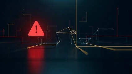 Red warning triangle with geometric lines on dark background