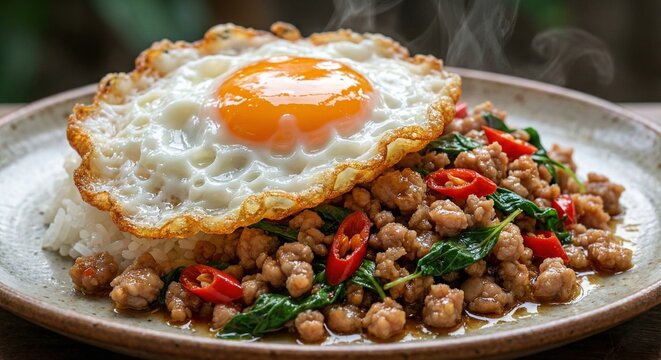 Thai basil minced pork Pad Krapow with crispy fried egg and runny yolk on rice