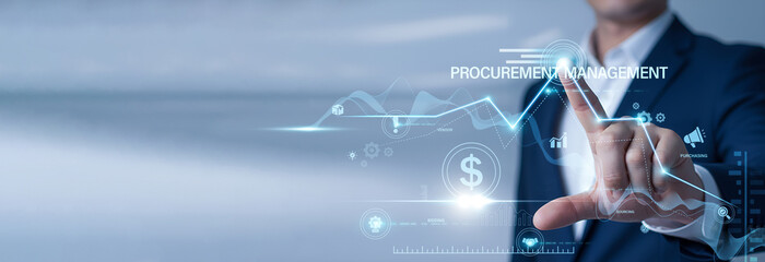 Supply officer pointing at data network and Procurement Management on digital interface. Strategic sourcing, corporate purchasing workflow, and vendor relationship optimization.