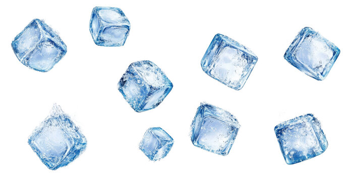Flying Blue Ice Cubes Isolated on White Background