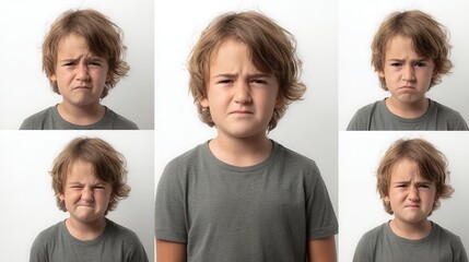 Collage of a young boy displaying multiple exaggerated facial expressions of displeasure confusion frustration and intense concentration against a clean white background