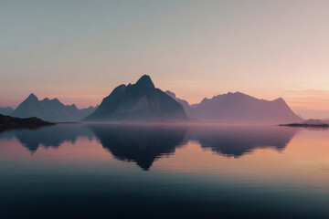 Serene mountain range reflected on calm water during colorful dawn with mist gently hugging the landscape in a peaceful natural setting