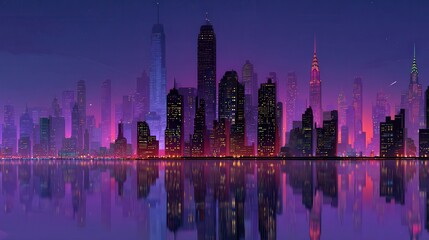 Obraz premium Neon Futuristic City Skyline at Night with Purple and Pink Lights Reflected on Water, Cyberpunk Metropolis Background
