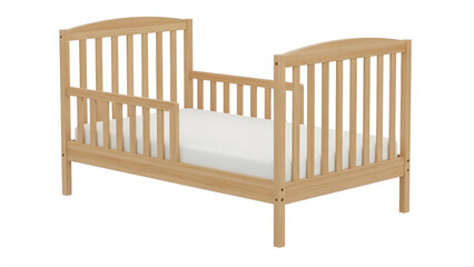 A wooden baby crib with a white mattress on transparent background