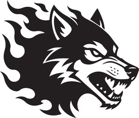 Obraz premium A fierce black and white wolf head with an aggressive snarl engulfed in dynamic flames