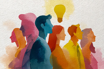 Watercolor illustration of diverse people standing together with a glowing light bulb above symbolizing creativity and innovative thinking in a collaborative environ