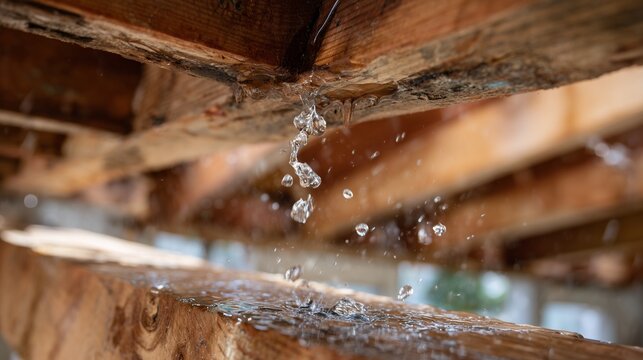 Leaky roof underlayment with water drip on wooden rafter, illustrating roof repair instruction for leak detection and emergency patch.