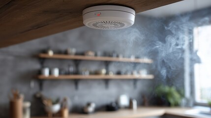 Technician inspecting ceiling smoke detector amid simulated smoke, symbolizing alarm maintenance and safety inspection.