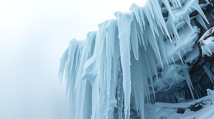 Frozen icicles hang from a winter roof above the cold snow in a mountain landscape under a blue sky near a glacier