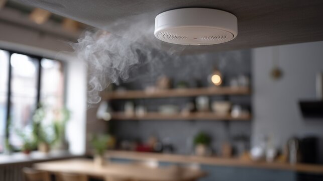 Ceiling mounted smoke detector emitting alarmed smoke in a home kitchen, symbolizing fire safety and early warning system.