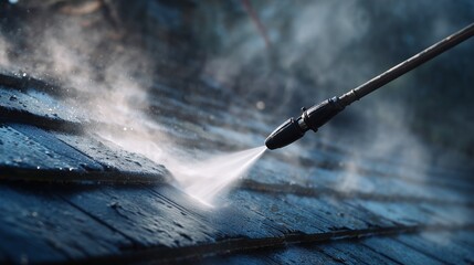 Pressure washer cleaning roof shingle to remove dirt, moss and grime, showing high-pressure spray and wet surface&acirc;&euro;&rdquo;roof restoration and maintenance concept.