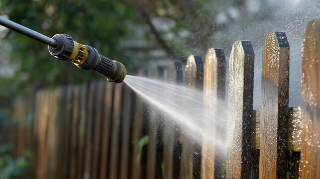 Pressure washer nozzle spraying water to clean a wooden fence, removing dirt and grime with high-pressure stream.
